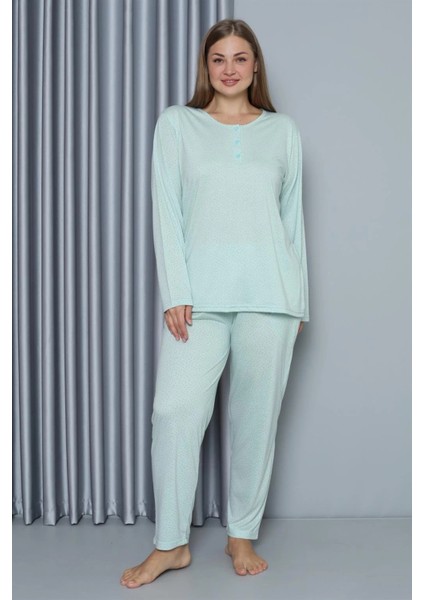 Kadın Büyük Beden Penye Uzun Kol Pijama Takım Su Yeşili