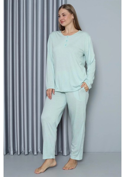 Kadın Büyük Beden Penye Uzun Kol Pijama Takım Su Yeşili modelleri