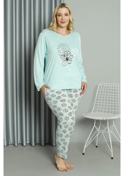Kadın Büyük Beden Penye Uzun Kol Pijama Takım Su Yeşili