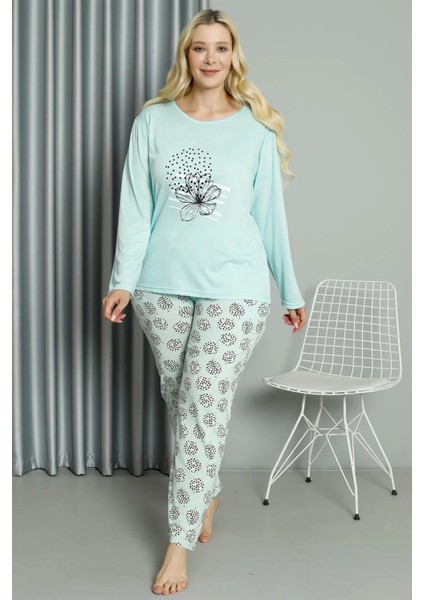 Kadın Büyük Beden Penye Uzun Kol Pijama Takım Su Yeşili fiyatları
