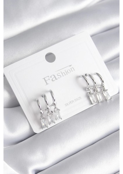 Pirinç Gümüş Renk 3'lü Sallantı Zirkon Taşlı Küpe