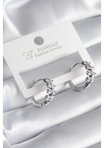 Pirinç Gümüş Renk Zirkon Taşlı Kadın Küpe