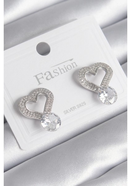 Pirinç Gümüş Renk Zirkon Taşlı Kalp Model Damla Zirkon Taş Detay Kadın Küpe