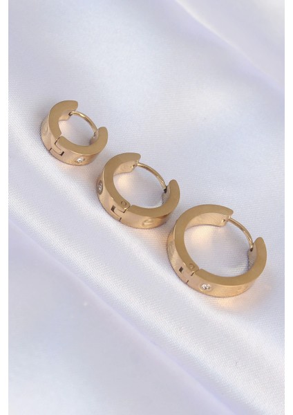 316L Çelik Gold Renk Zirkon Taşlı Model 3lü Halka Küpe