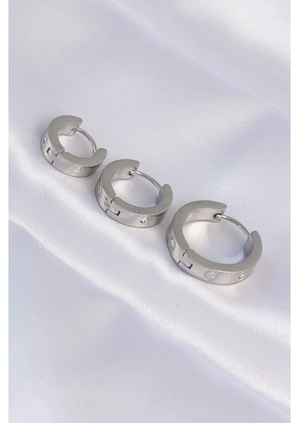 316L Çelik Gümüş Renk Zirkon Taşlı Model 3lü Halka Küpe