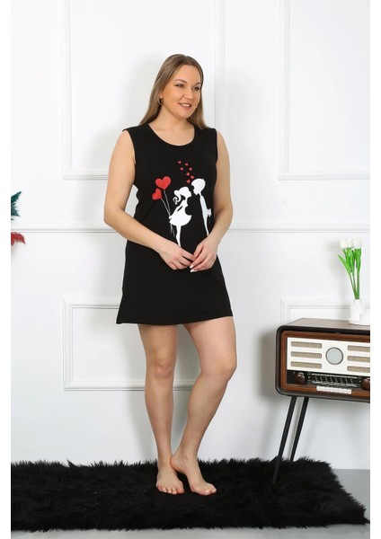 Kadın Büyük Beden Kalın Askılı Penye Diz Üstü Siyah Gecelik fiyatları