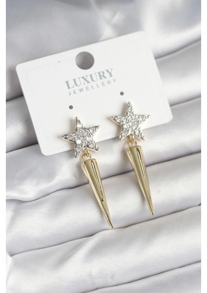 Pirinç Gold Renk Zirkon Taşlı Yıldız Model Çivi Kadın Küpe