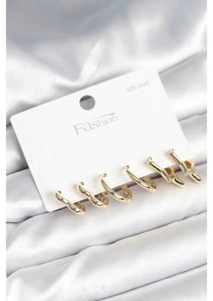 Pirinç Gold Renk Kalp Yıldız ve Halka Model 925 Ayar Gümüş Çivili Kadın Küpe Seti