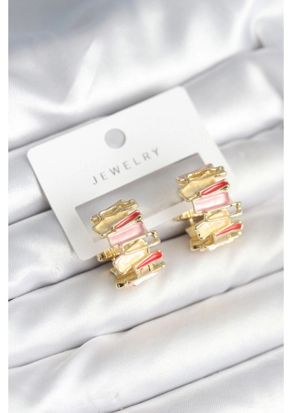 Mineli Karışık Renkli Gold Pirinç Kadın Küpe