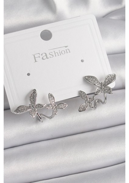 Pirinç Gümüş Renk Zirkon Taşlı Kelebek Model Kadın Küpe