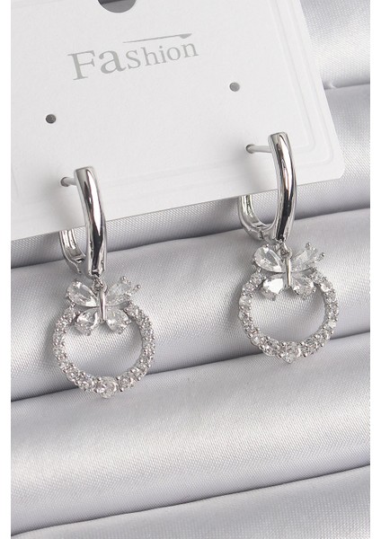 Pirinç Gümüş Renk Zirkon Taşlı Kelebek Figür Sallantı Detay Kadın Küpe