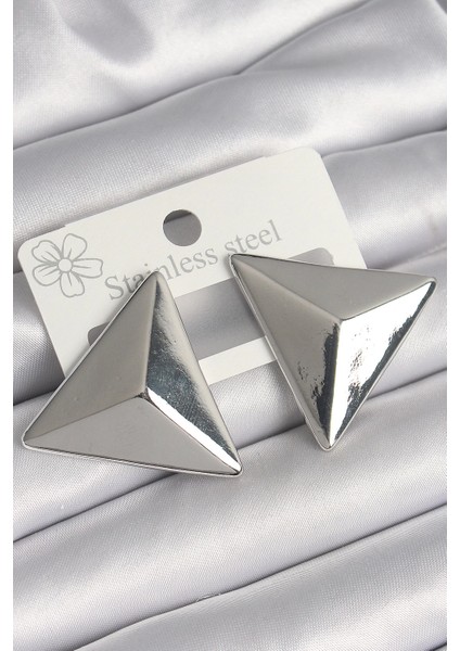 Pirinç Gümüş Renk 3D Üçgen Model Kadın Küpe