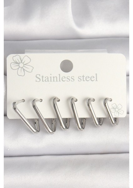 316L Çelik Gümüş Renk Üçgen Model Kadın Küpe Seti