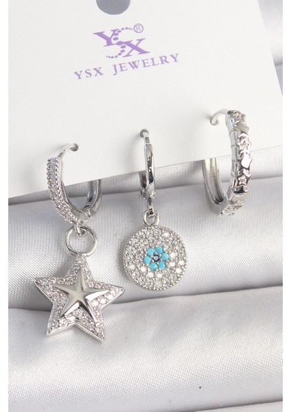 Pirinç Gold Renk Zirkon Taşlı Yıldız Model Nazar Boncuk Detay 3'lü Kadın Kombin Küpe