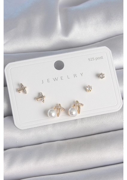 Pirinç Gold Renk Zirkon Taşlı Kelebek Model Inci Detay 925 Ayar Gümüş Çivi Kadın Küpe Seti