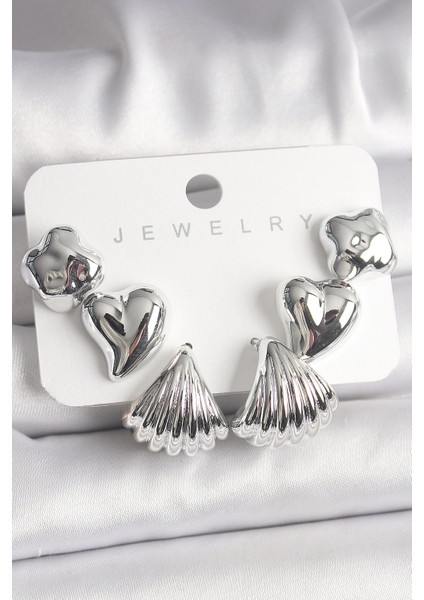 Gümüş Renk Yonca Kalp Deniz Kabuğu Figür Ccb Kadın Küpe Seti