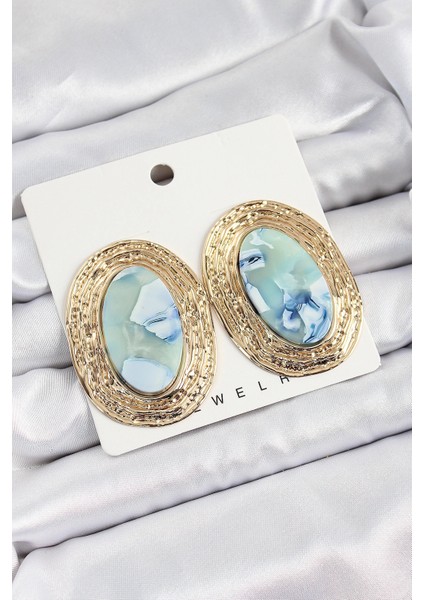 Pirinç Mermer Desenlli Mavi Sedef Oval Vintage Model Gold Renk Kadın Küpe