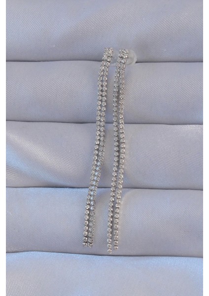 Pirinç Gümüş Renk Zirkon Taşlı Su Yolu Model Küpe