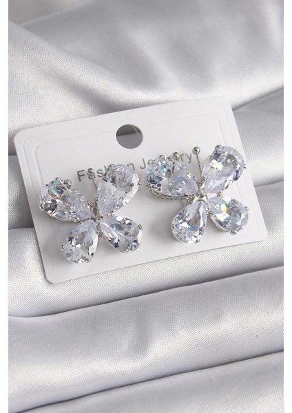 Pirinç Gümüş Renk Zirkon Taşlı Kelebek Model Kadın Küpe