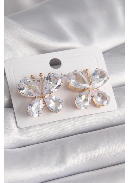 Pirinç Gold Renk Zirkon Taşlı Kelebek Model Kadın Küpe