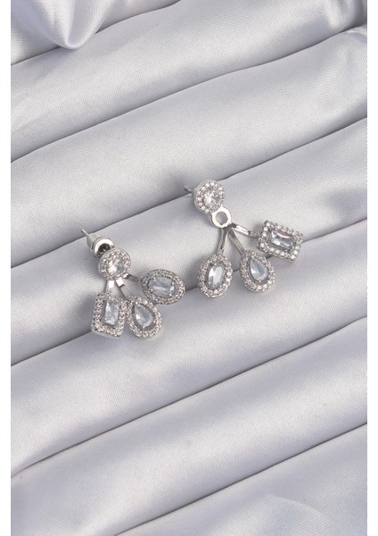 Pirinç Gümüş Renk Zirkon Taşlı Geometrik Model Küpe