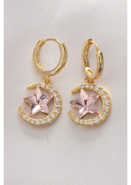 Pirinç Gold Renk Pembe Zirkon Taşlı Yıldız Detay Ay Küpe