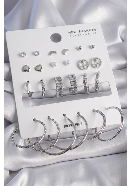 Pirinç Gümüş Renk Zirkon Taşlı 12 Çift Kadın Küpe Seti