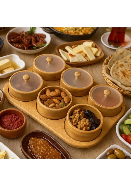 Porsima PBT-693 Tepsili 6lı Bambu Kahvaltılık Saklama Kabı Kapaklı Saklama Kabı Kapaklı Kahvaltılık Seti