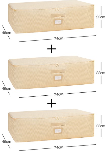 3 Adet Mega Boy Bej Balıksırtı Baza Altı Yastık Yorgan Kazak Hurcu, Hurç 74x46x22 cm