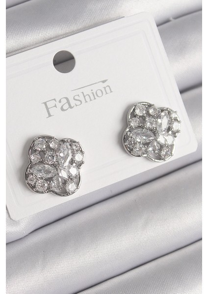 Pirinç Gümüş Renk Zirkon Taşlı Yonca Model Kadın Küpe