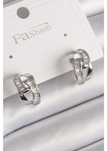 Pirinç Gümüş Renk Zirkon Taşlı Zincir Model Kadın Küpe