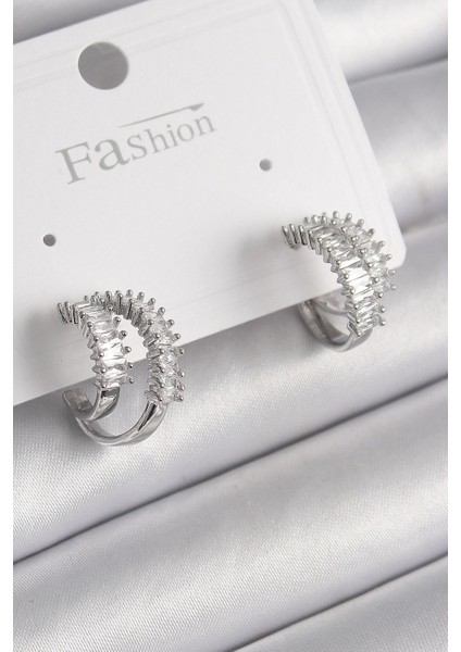 Pirinç Gümüş Renk 2'li Zirkon Taşlı Halka Model Kadın Küpe