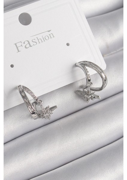 Pirinç Gümüş Renk Zirkon Taşlı Halka Model Sallantı Yıldız Detay Kadın Küpe