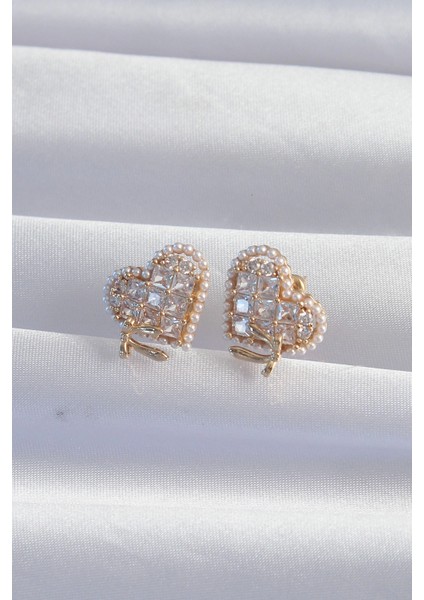 Pirinç Gold Renk Fiyonk Detay Incili Zirkon Taşlı Kalp Küpe fiyatları