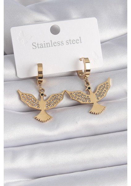 316L Çelik Gold Renk Zirkon Taşlı Anka Kuşu Model Kadın Küpe