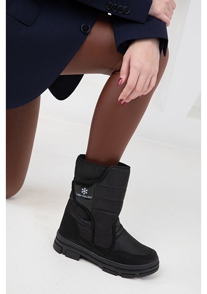 Lady İçi Termal Kaydırmaz Taban Cırtlı Kız Çocuk Kar Botu Siyah