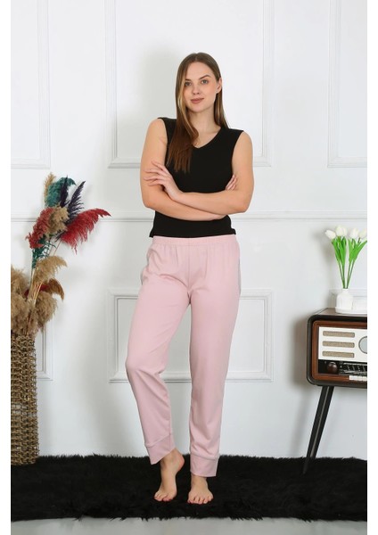 Kadın Pamuk Penye Cepli Tek Alt Pijama Pudra fırsatları