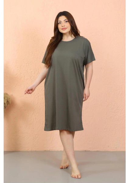 Kadın Büyük Beden Penye Kısa Kol Haki Gecelik indirimleri