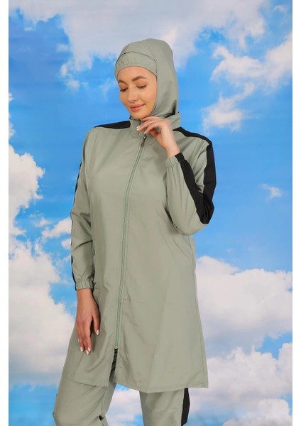 Kadın Pantolonlu Kolu Şeritli Tam Tesettür Mayo Su Yeşili fiyatları