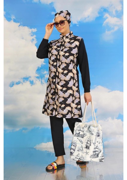 Kadın Pantolonlu Desenli Tam Tesettür Mayo Lacivert fiyatları