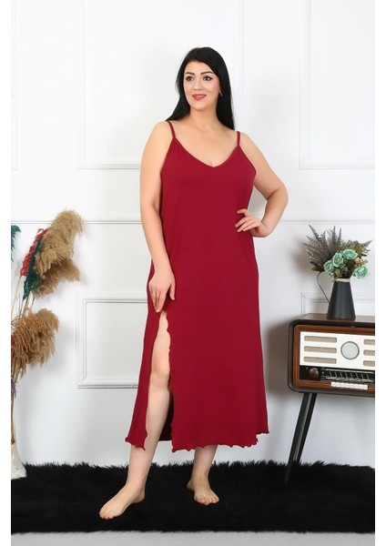 Kadın Büyük Beden Ip Askılı Pamuklu Bordo Uzun Gecelik fiyatları