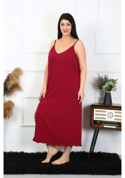 Kadın Büyük Beden Ip Askılı Pamuklu Bordo Uzun Gecelik indirimleri