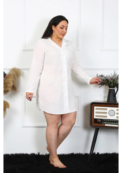 Kadın Büyük Beden Pamuk Dokuma Düğmeli Uzun Kol Ekru Tunik Gecelik indirimleri