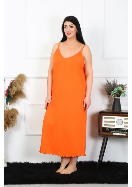Kadın Büyük Beden Ip Askılı Pamuklu Turuncu Uzun Gecelik