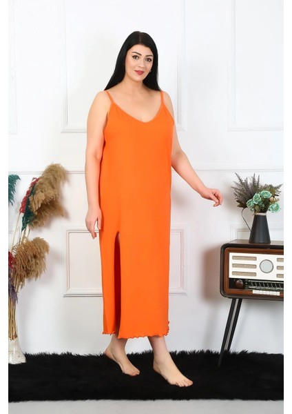 Kadın Büyük Beden Ip Askılı Pamuklu Turuncu Uzun Gecelik fırsatları
