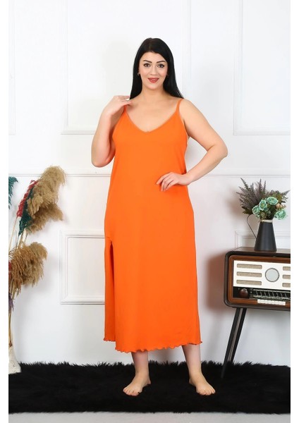 Kadın Büyük Beden Ip Askılı Pamuklu Turuncu Uzun Gecelik indirimleri