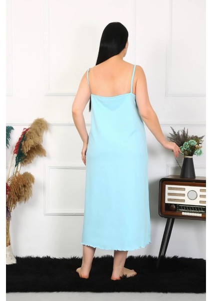 Kadın Büyük Beden Ip Askılı Pamuklu Mavi Uzun Gecelik fiyatları