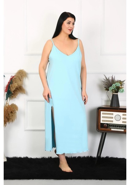 Kadın Büyük Beden Ip Askılı Pamuklu Mavi Uzun Gecelik modelleri