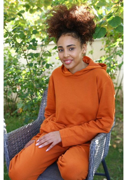 Kadın Pamuk Kapşonlu Cepli 3 Iplik Kiremit Eşofman Takım modelleri