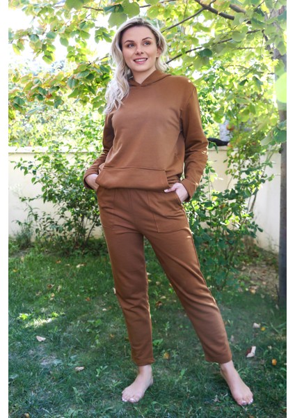Kadın Pamuk Kapşonlu Cepli 3 Iplik Kahve Eşofman Takım fiyatları